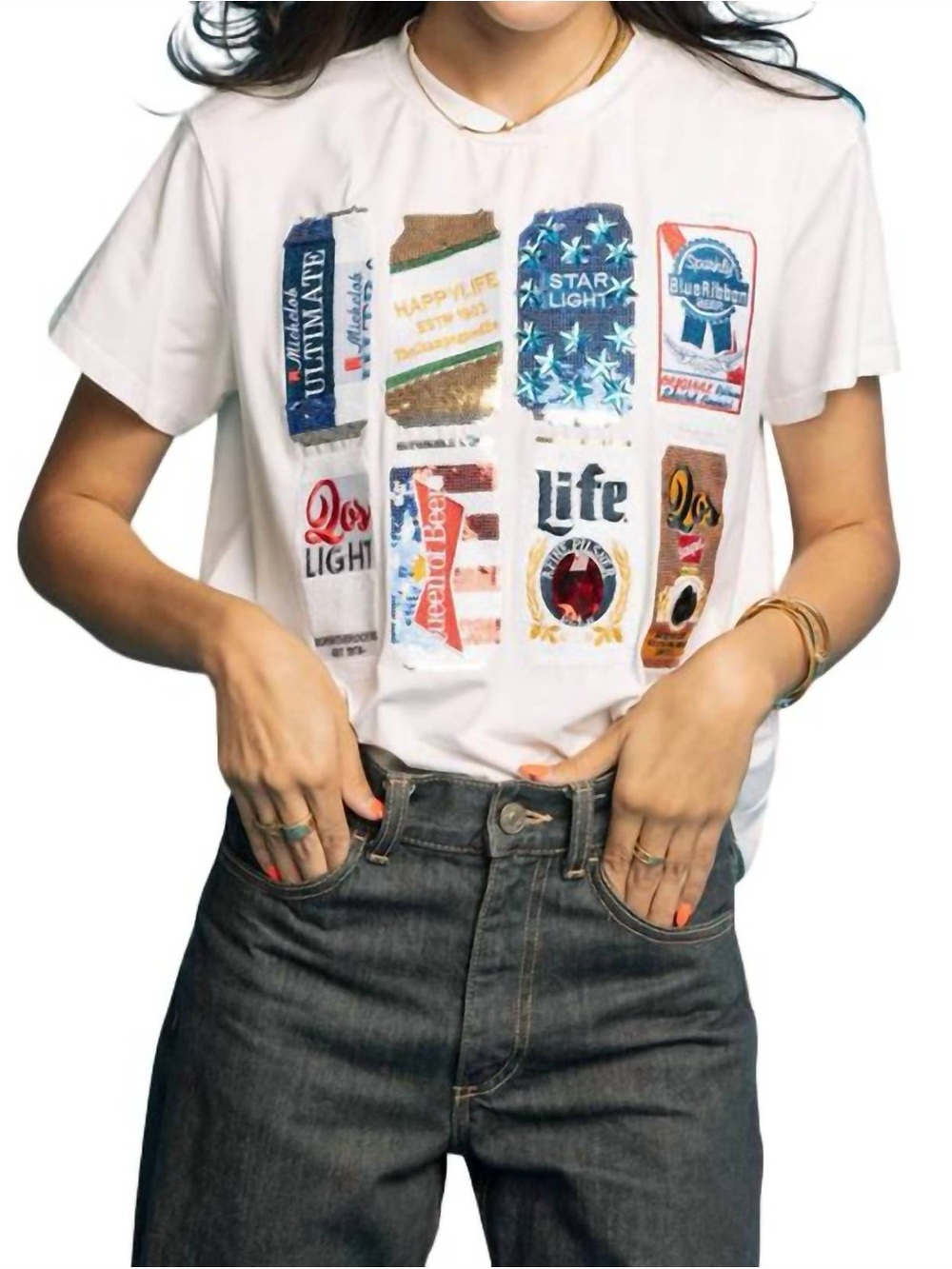 Queen of Sparkles White Sequin & Bead Embellished Graphic Tee - Picture 1 of 6